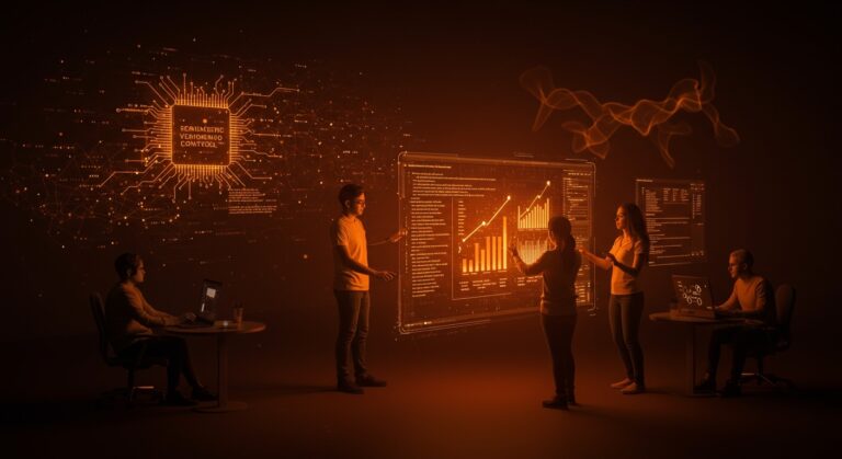 Equipo de desarrolladores en startup tecnológica utilizando control de versiones semántico optimizado para inteligencia artificial.