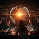 Startup founders LATAM colaborando con visualizaciones de inteligencia artificial e inversión de capital de riesgo, en entorno de innovación tecnológica global.