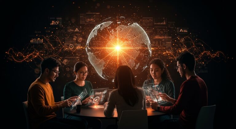 Startup founders LATAM colaborando con visualizaciones de inteligencia artificial e inversión de capital de riesgo, en entorno de innovación tecnológica global.