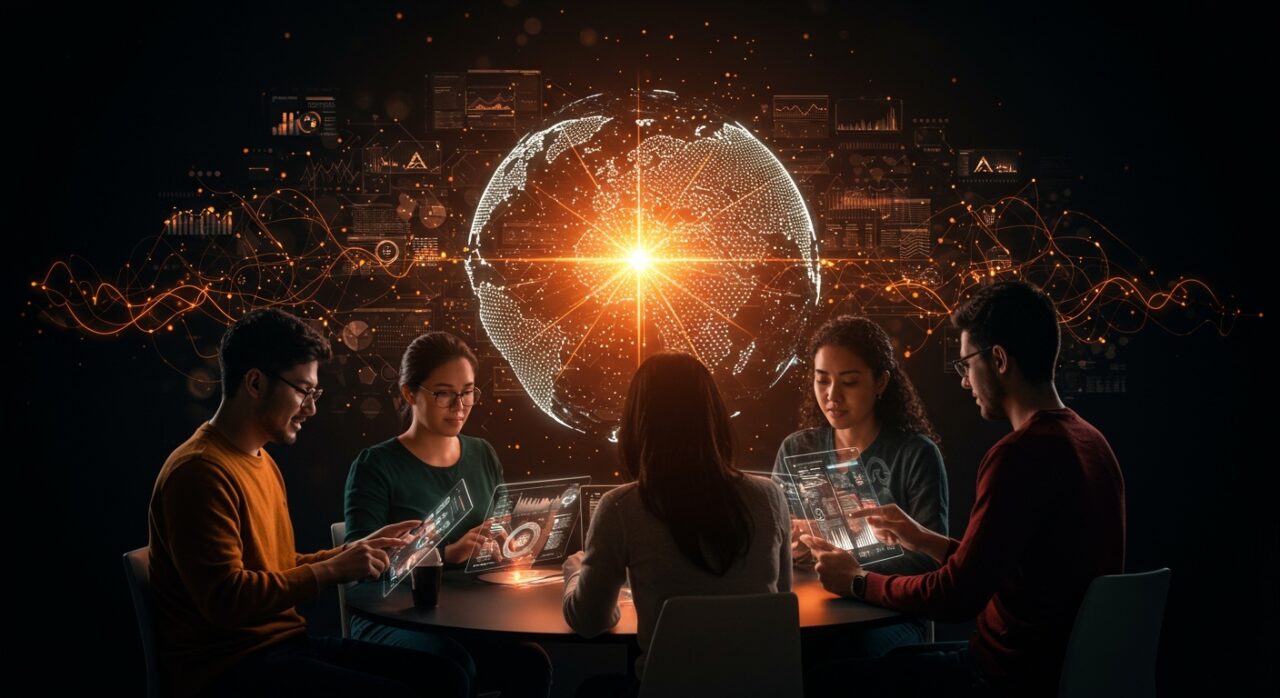 Startup founders LATAM colaborando con visualizaciones de inteligencia artificial e inversión de capital de riesgo, en entorno de innovación tecnológica global.