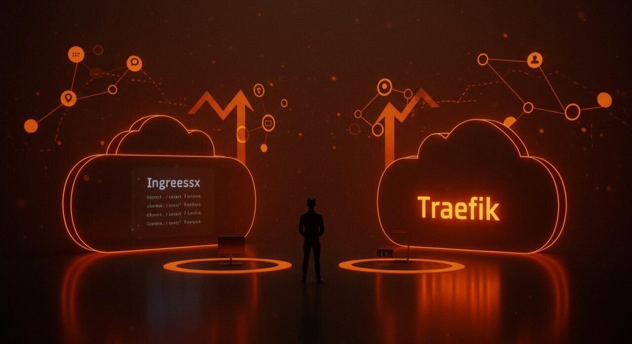 Founder de startup tech migrando de Ingress NGINX a Traefik en Kubernetes, simbolizando innovación en infraestructura cloud.