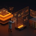 Visualización futurista de compresión KV cache 50x con Attention Matching para optimización de memoria en LLMs del MIT aplicada a inteligencia artificial empresarial.