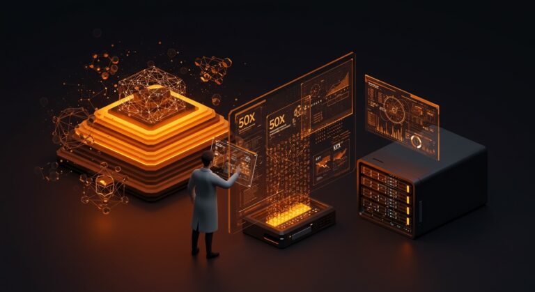 Visualización futurista de compresión KV cache 50x con Attention Matching para optimización de memoria en LLMs del MIT aplicada a inteligencia artificial empresarial.