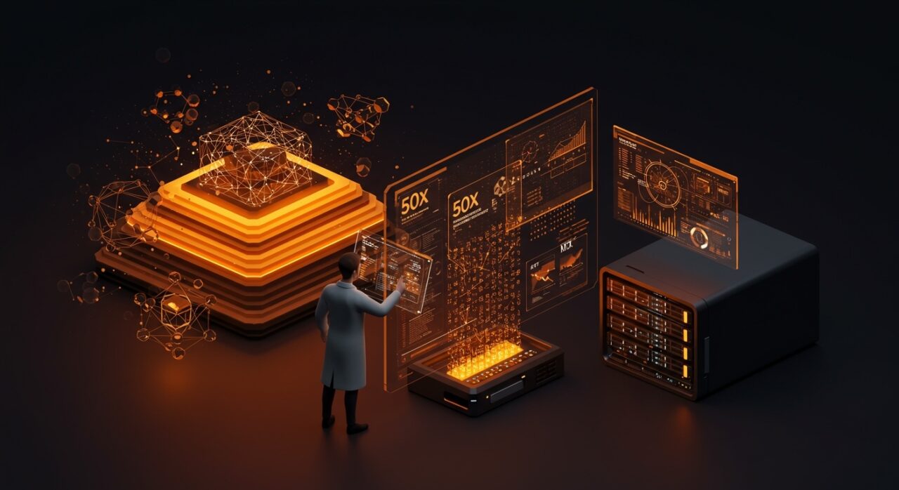 Visualización futurista de compresión KV cache 50x con Attention Matching para optimización de memoria en LLMs del MIT aplicada a inteligencia artificial empresarial.