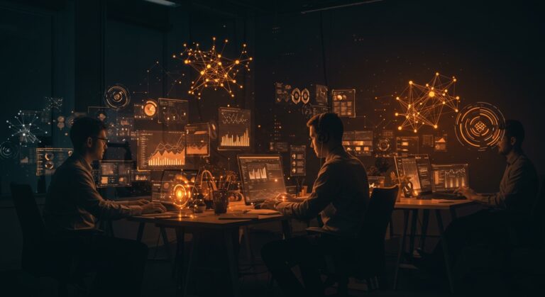 Equipo de product engineers trabajando en IA aplicada y automatización en startup SaaS con ambiente tecnológico y colaborativo.