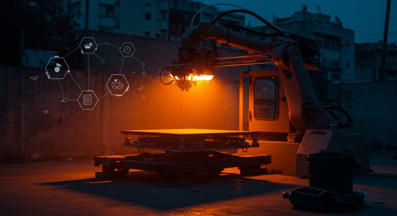 Impresión 3D robótica en gran formato creando mobiliario urbano sostenible con residuos plásticos reciclados en Chile por startup LAMA 3D.