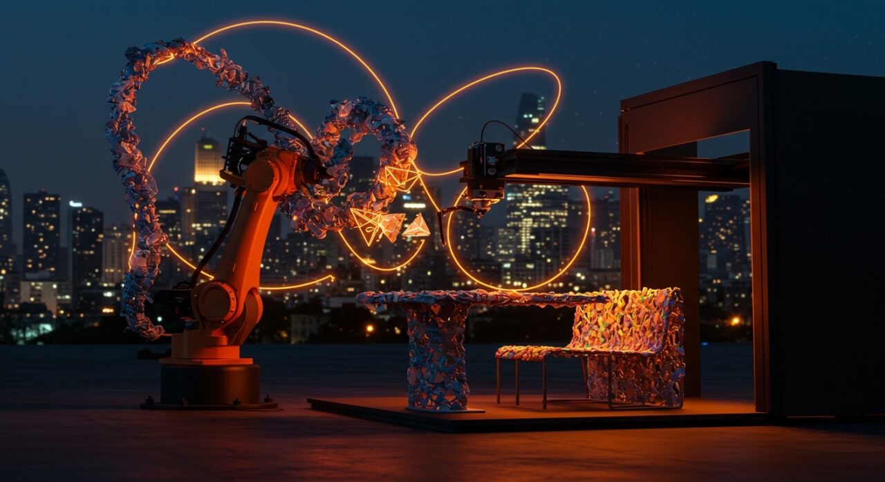 Startup chilena LAMA imprimiendo mobiliario urbano con plástico reciclado mediante tecnología 3D robótica de gran formato en economía circular.