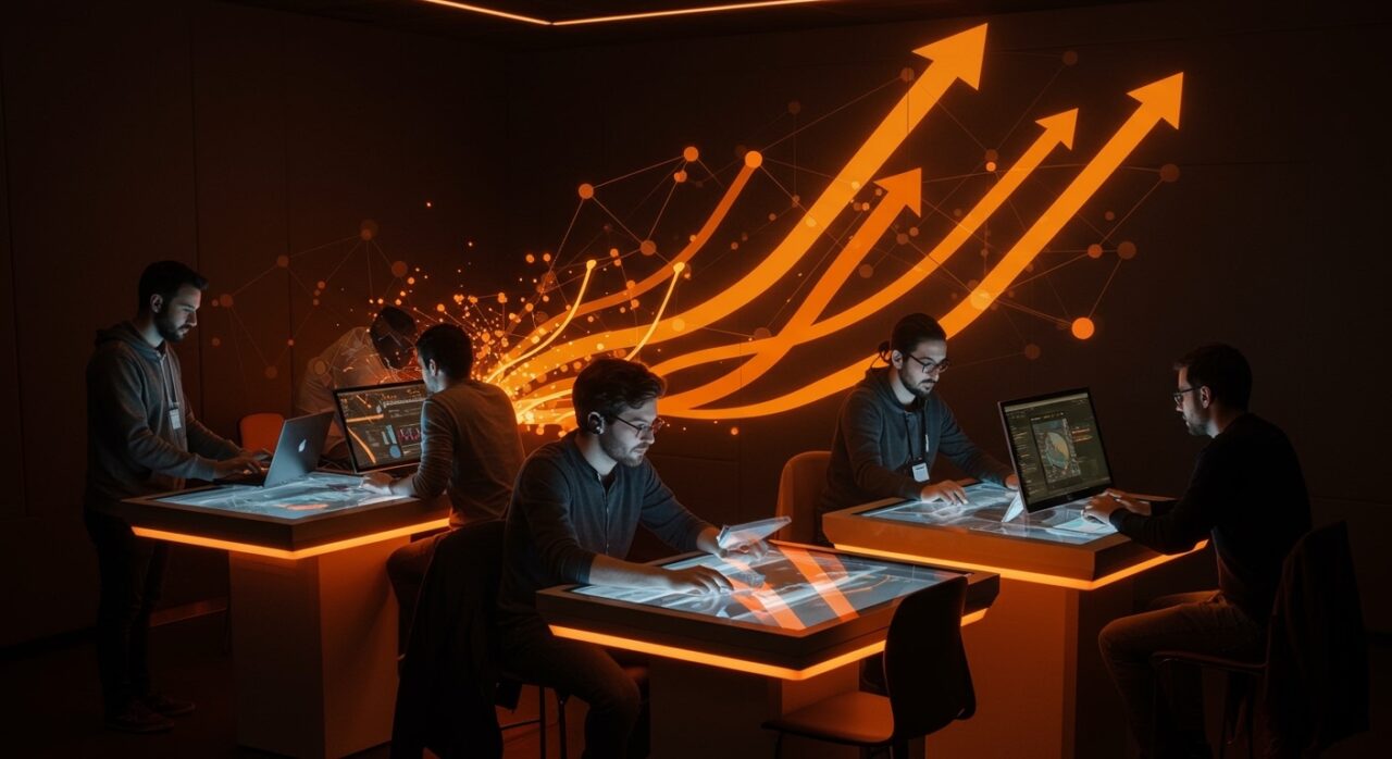 Lanzadera aceleradora liderando startups europeas con colaboración e innovación en un hub tecnológico vibrante.