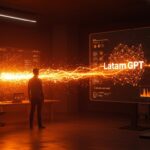 Análisis técnico de LatamGPT con fundador tecnológico latinoamericano y redes neuronales mostrando inversión y soberanía tecnológica en IA.