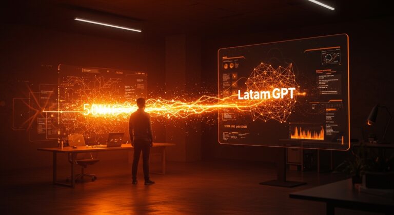 Análisis técnico de LatamGPT con fundador tecnológico latinoamericano y redes neuronales mostrando inversión y soberanía tecnológica en IA.