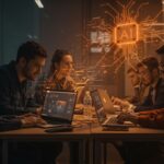 Fundadores de startups en Folsom colaborando en un prototipo rápido con IA y automatización durante el Micro Biz Launchpad Weekend.