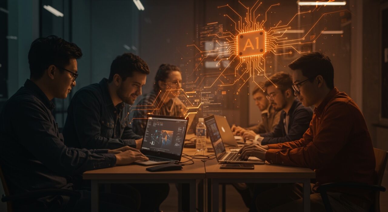 Fundadores de startups en Folsom colaborando en un prototipo rápido con IA y automatización durante el Micro Biz Launchpad Weekend.