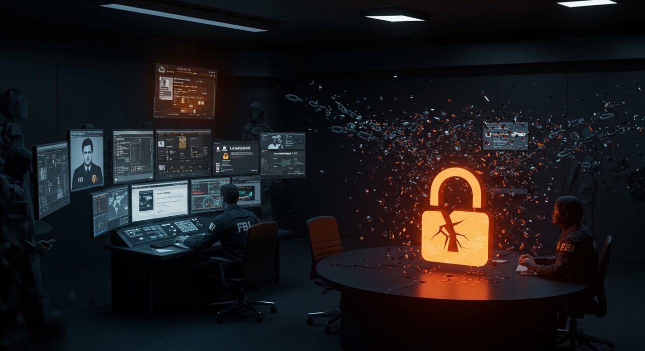 Agentes del FBI y Europol desmantelando el foro hacker LeakBase en una escena digital con metáforas de ciberseguridad y contramedidas policiales.