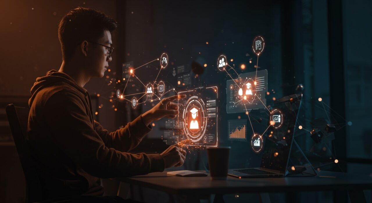 Fundador utilizando IA para crear y automatizar cursos online en plataforma LMS, impulsando un negocio digital educativo.