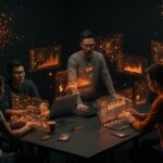 Fundadores de startups colaborando en un entorno inmersivo con visualizaciones de inteligencia artificial y elementos de innovación y formación continua.