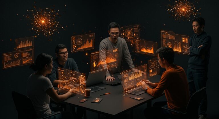 Fundadores de startups colaborando en un entorno inmersivo con visualizaciones de inteligencia artificial y elementos de innovación y formación continua.