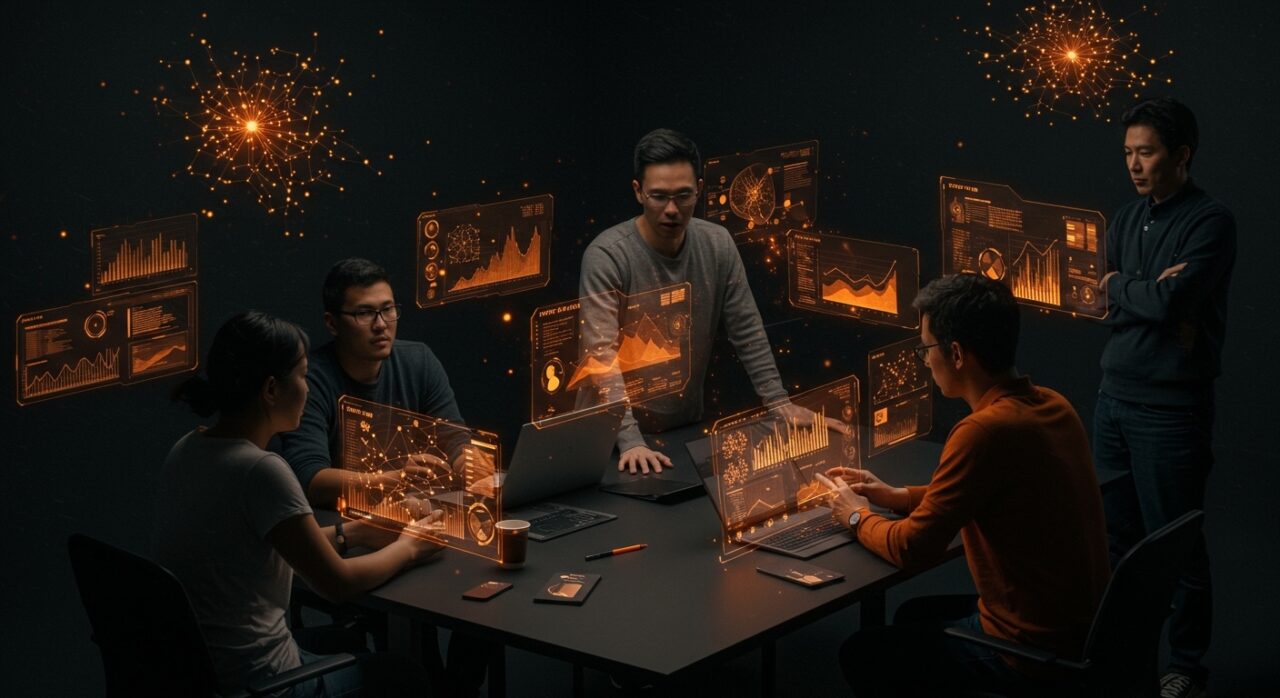 Fundadores de startups colaborando en un entorno inmersivo con visualizaciones de inteligencia artificial y elementos de innovación y formación continua.