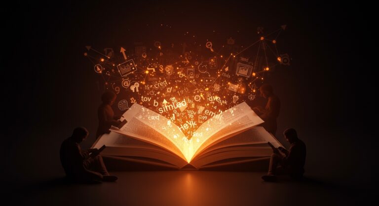 Ilustración abstracta de simplificación textual y su impacto en la lectura y el mercado editorial en el ecosistema startup.