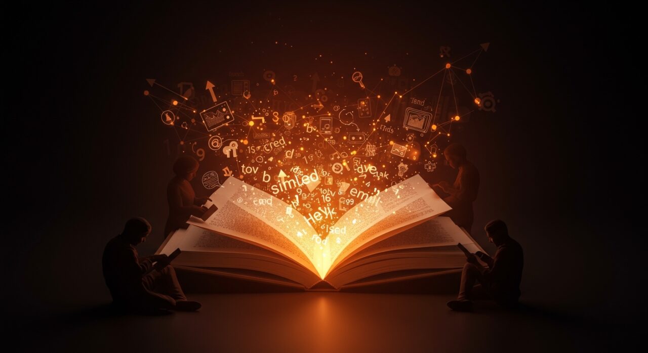 Ilustración abstracta de simplificación textual y su impacto en la lectura y el mercado editorial en el ecosistema startup.