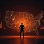 Fundadora de startup legal tech con IA frente a mapa digital de EEUU, representando expansión y ronda de financiación de Legora.