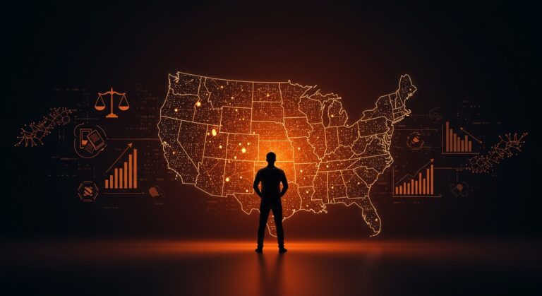 Fundadora de startup legal tech con IA frente a mapa digital de EEUU, representando expansión y ronda de financiación de Legora.