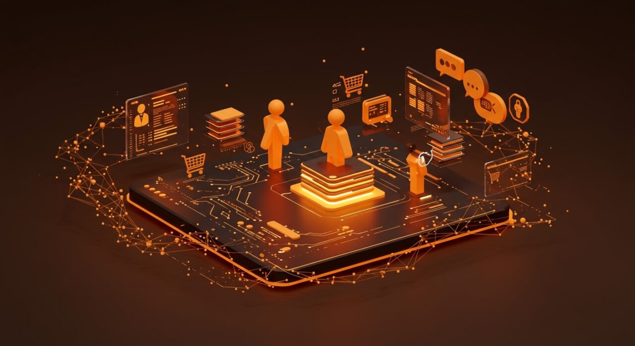 Interfaz digital futurista con agente IA conectando catálogos de marcas en commerce conversacional impulsado por agentic commerce y funding de startups IA.