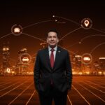 Ministro anunciando la Ley Uber en Chile con un fondo digital que representa movilidad, regulación y el ecosistema startup tech.