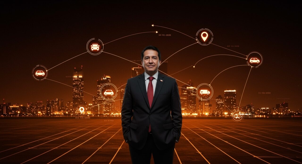 Ministro anunciando la Ley Uber en Chile con un fondo digital que representa movilidad, regulación y el ecosistema startup tech.