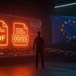 Fundador tecnológico frente a una interfaz digital que destaca formatos abiertos ODF y la Comisión Europea, simbolizando interoperabilidad y soberanía digital.