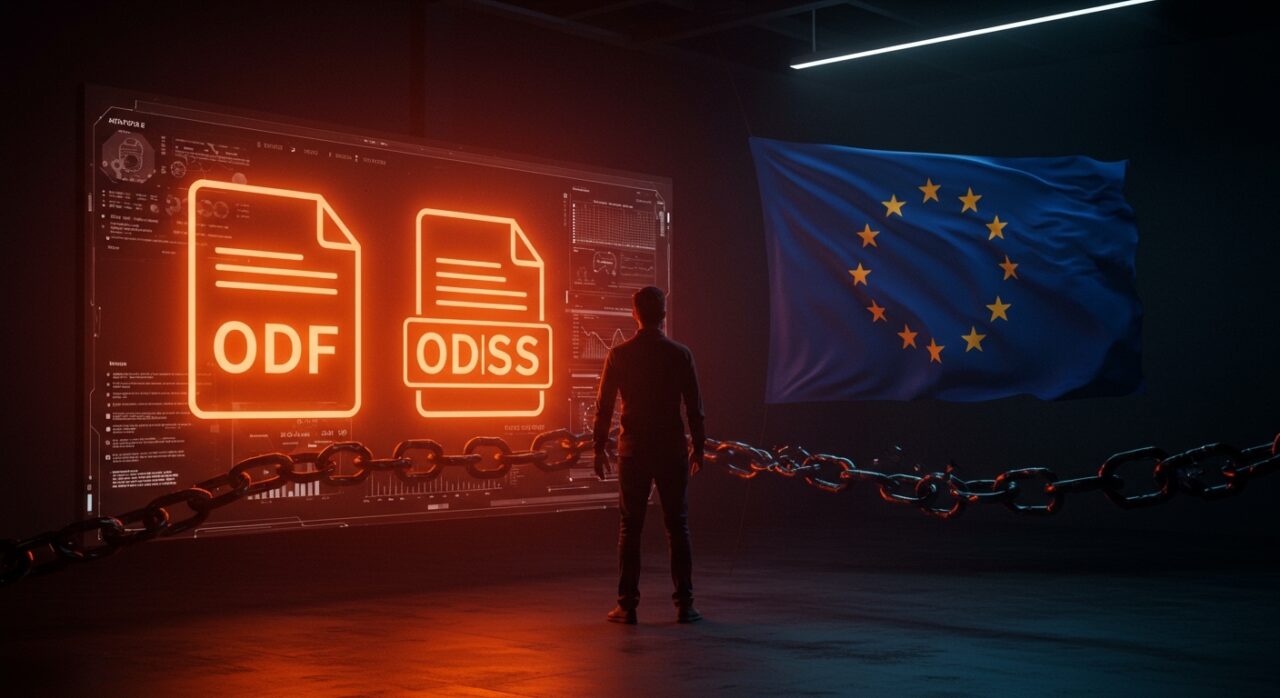 Fundador tecnológico frente a una interfaz digital que destaca formatos abiertos ODF y la Comisión Europea, simbolizando interoperabilidad y soberanía digital.