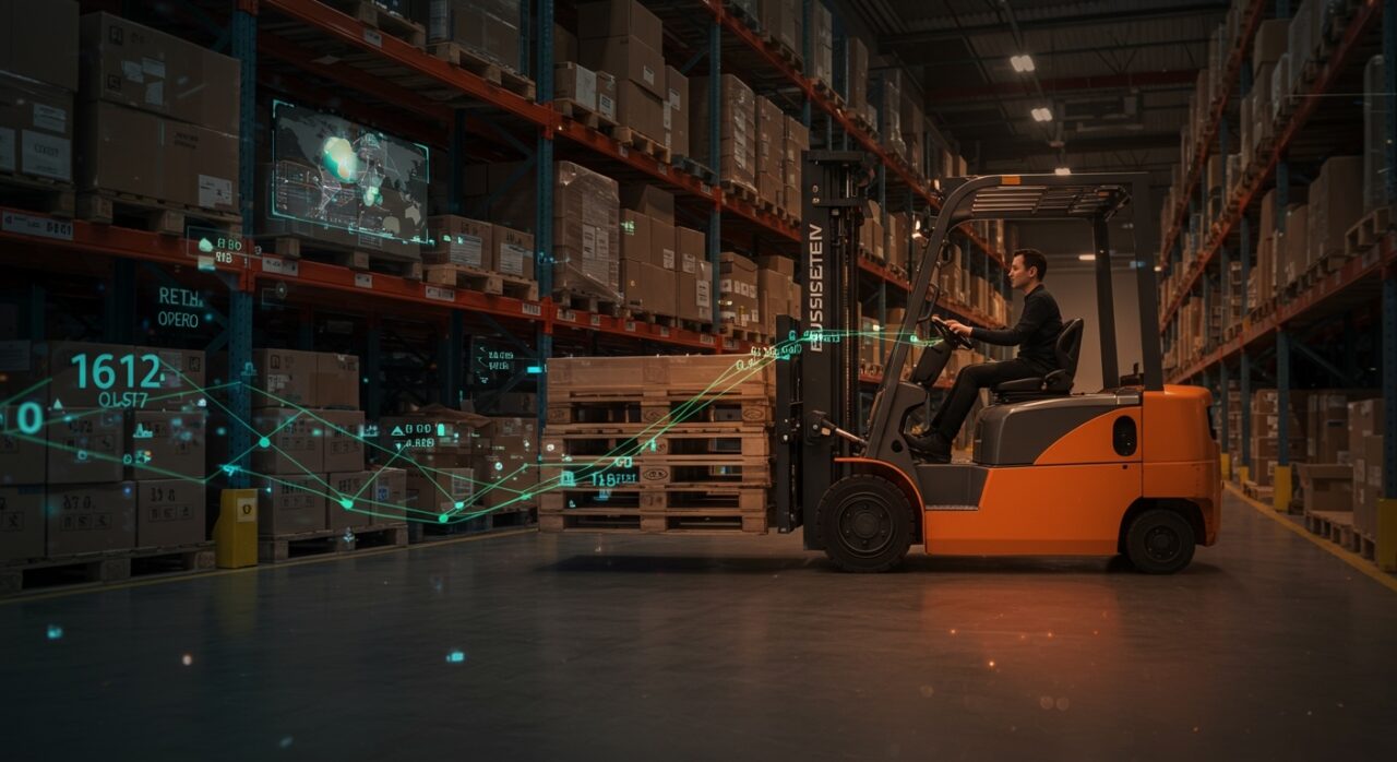 Logística automatizada con montacargas eléctrico y control AI en intralogística, innovación de Linde y Kion Group en 2026.
