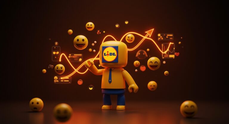 Imagen editorial que representa la innovación en retailtech y marketing digital de Lidl España mediante inteligencia artificial y humor en redes sociales.