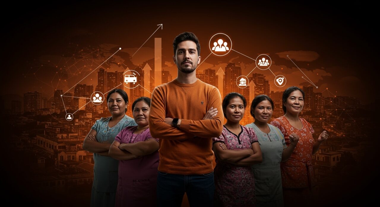 Fundador de Limpiafy con trabajadoras domésticas formalizadas en Colombia, representando la innovación CareTech y la economía del cuidado en startups.