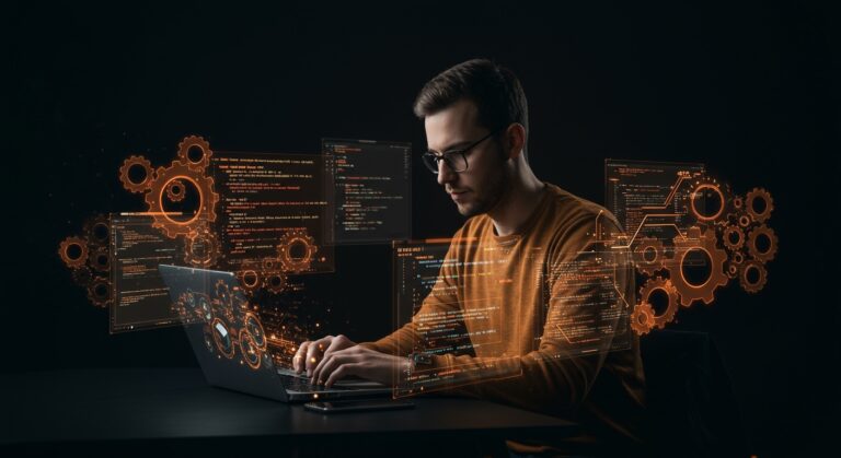 Desarrollador de software trabajando con APIs de Linux para automatización y desarrollo, ilustrando innovación en código abierto.
