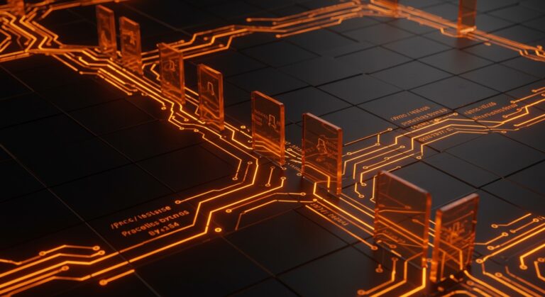 Visualización conceptual de /proc/self/mem escribiendo en memoria protegida en Linux, ilustrando mecanismos internos del kernel y seguridad informática.