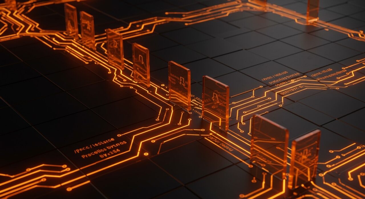 Visualización conceptual de /proc/self/mem escribiendo en memoria protegida en Linux, ilustrando mecanismos internos del kernel y seguridad informática.