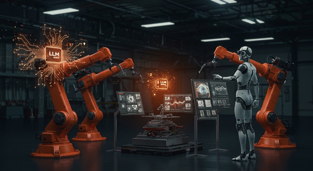 Automatización industrial acelerada por LLM e inteligencia artificial en startups tecnológicas mostrando colaboración humano-IA avanzada.