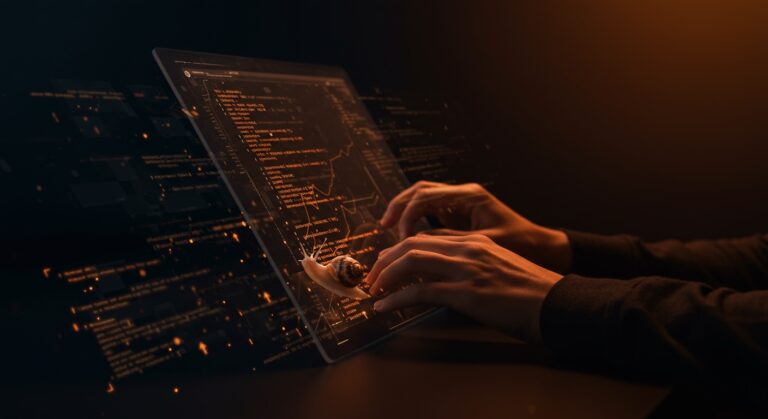 Código generado por IA plausible pero lento ilustrado con metáforas de desarrollo lento y validación en programación con inteligencia artificial.