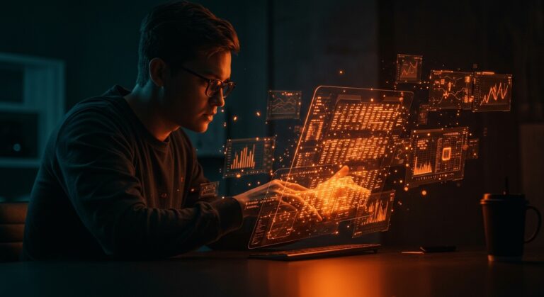 Fundador tech trabajando con hojas de cálculo automatizadas impulsadas por LLMs en startups LATAM, innovación en IA aplicada.