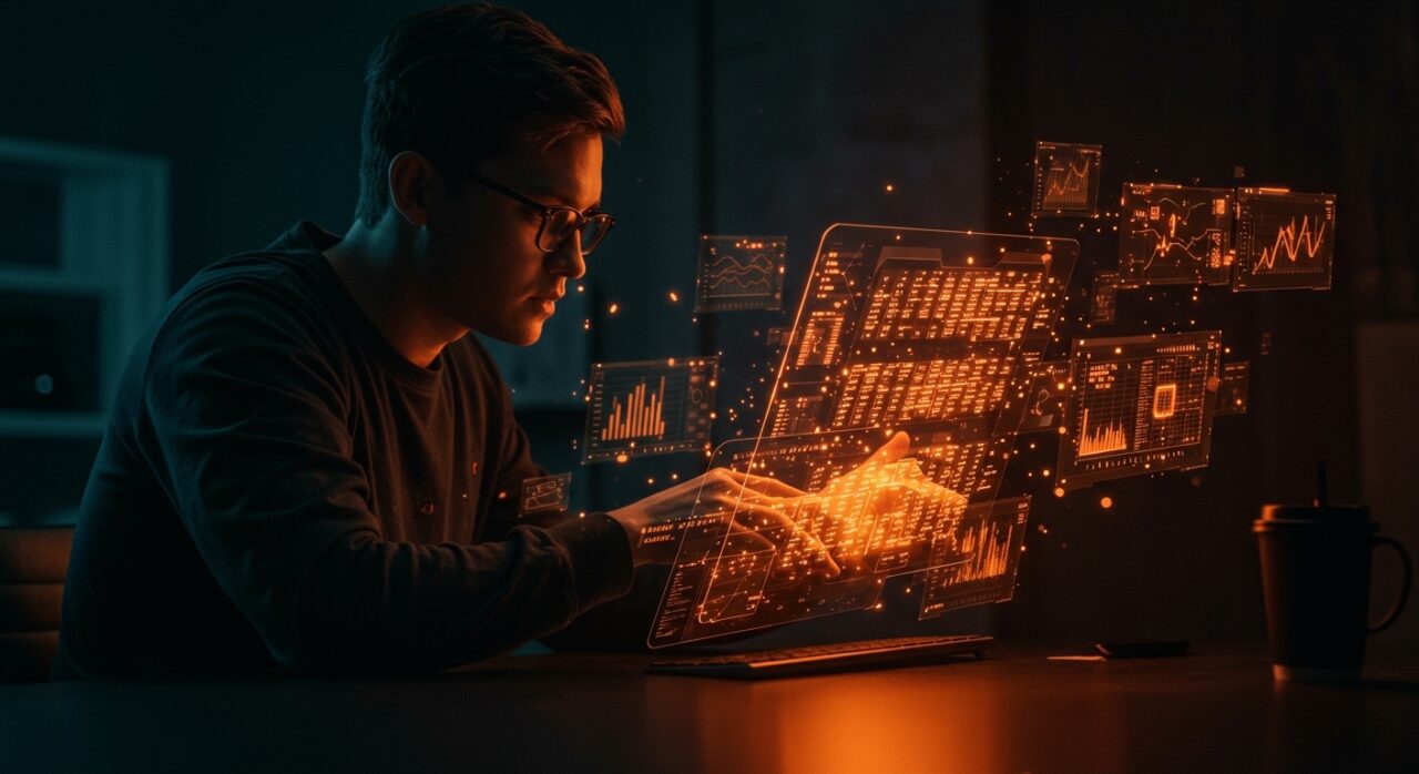 Fundador tech trabajando con hojas de cálculo automatizadas impulsadas por LLMs en startups LATAM, innovación en IA aplicada.