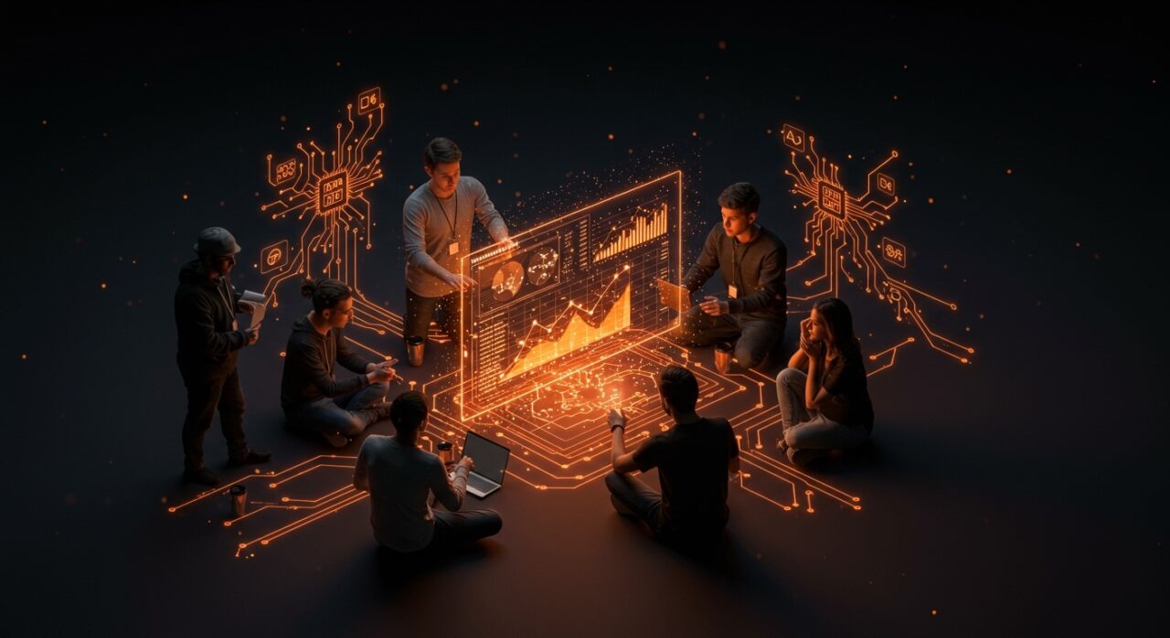 Fundadores de startups LATAM utilizando LLMs y automatización en hojas de cálculo, representando innovación y crecimiento con IA aplicada.