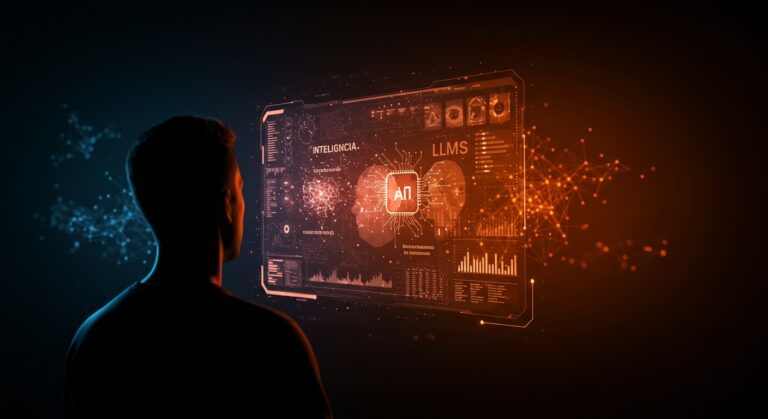 Fundador analizando un modelo de lenguaje IA rodeado de redes neuronales y metáforas visuales sobre percepciones y malentendidos psicológicos de LLMs en startups.