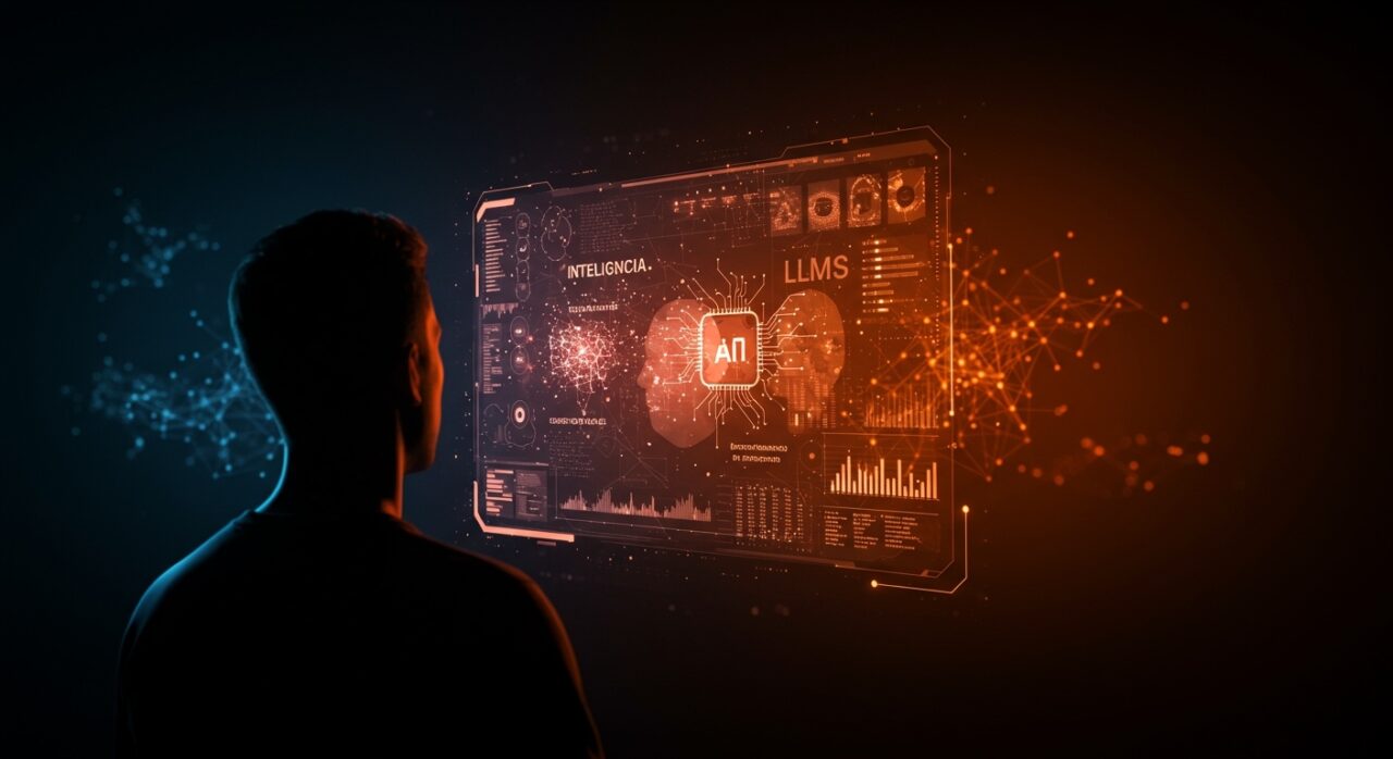 Fundador analizando un modelo de lenguaje IA rodeado de redes neuronales y metáforas visuales sobre percepciones y malentendidos psicológicos de LLMs en startups.