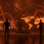 Ilustración editorial del lobby tecnológico y verificación de edad, mostrando influencia de Meta y financiamiento opaco en leyes digitales.