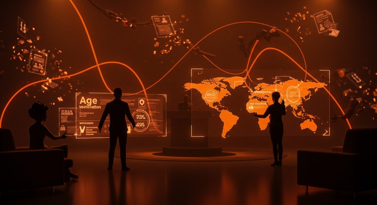 Ilustración editorial del lobby tecnológico y verificación de edad, mostrando influencia de Meta y financiamiento opaco en leyes digitales.