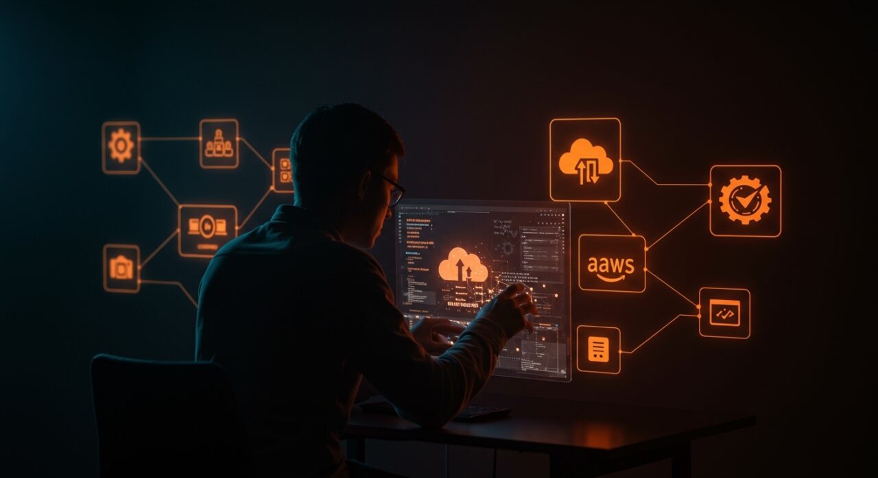 Desarrollador usando emulador AWS local para automatización cloud tras archivado de LocalStack, destacando desarrollo cloud y Docker.