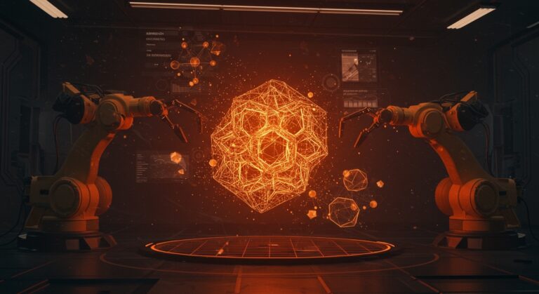 Reconstrucción 3D en videos largos con IA mostrando modelos geométricos en laboratorio futurista con esquemas de memoria híbrida y atención por ventana deslizante.