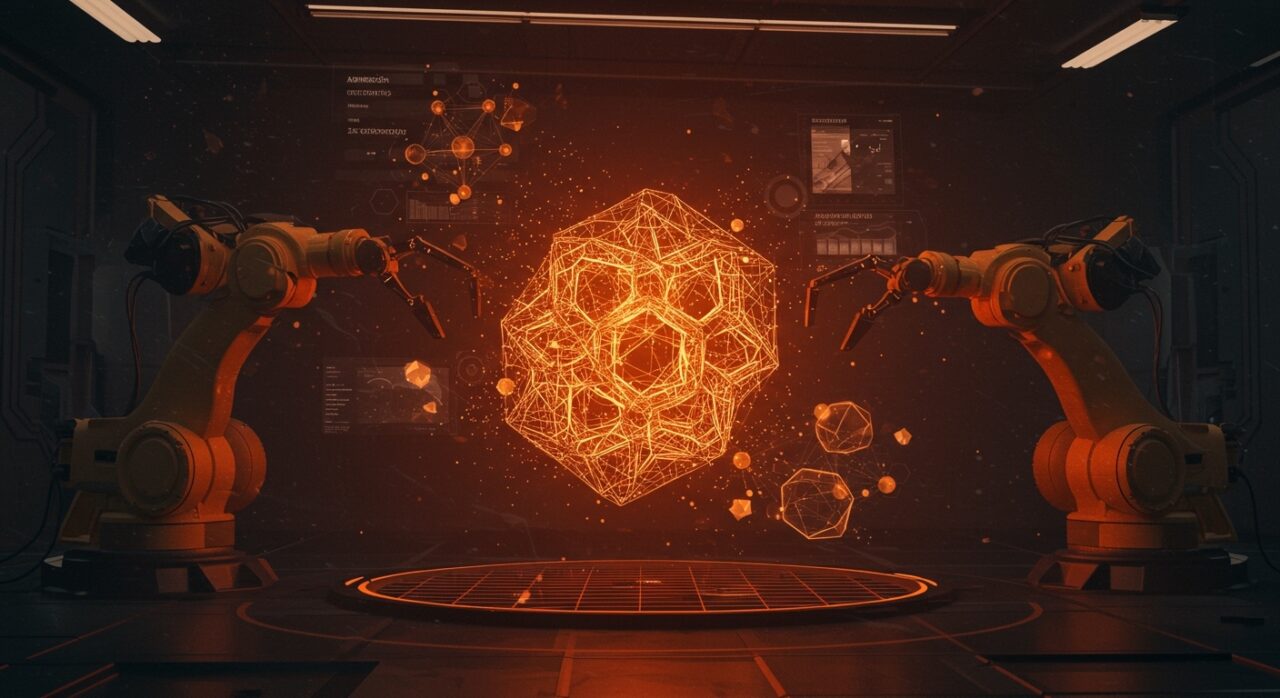 Reconstrucción 3D en videos largos con IA mostrando modelos geométricos en laboratorio futurista con esquemas de memoria híbrida y atención por ventana deslizante.