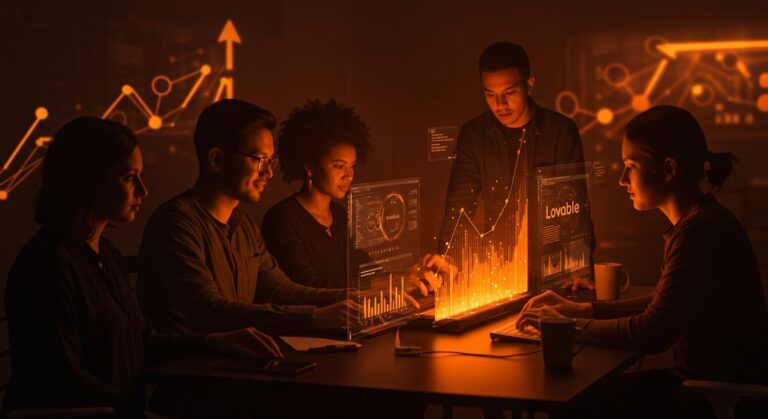 Equipo de founders colaborando en ambiente moderno, representando el crecimiento y las oportunidades de adquisiciones en startups de vibe coding con Lovable.