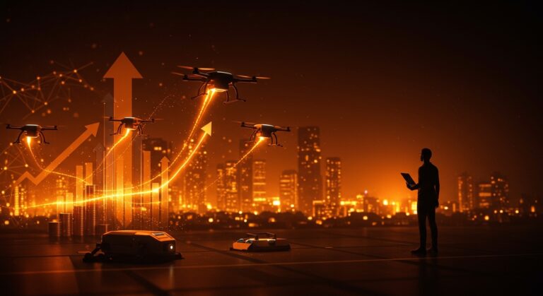 Drones de limpieza coordinados simbolizando robótica escalable y modelo RaaS tras inversión de Lucid Bots.